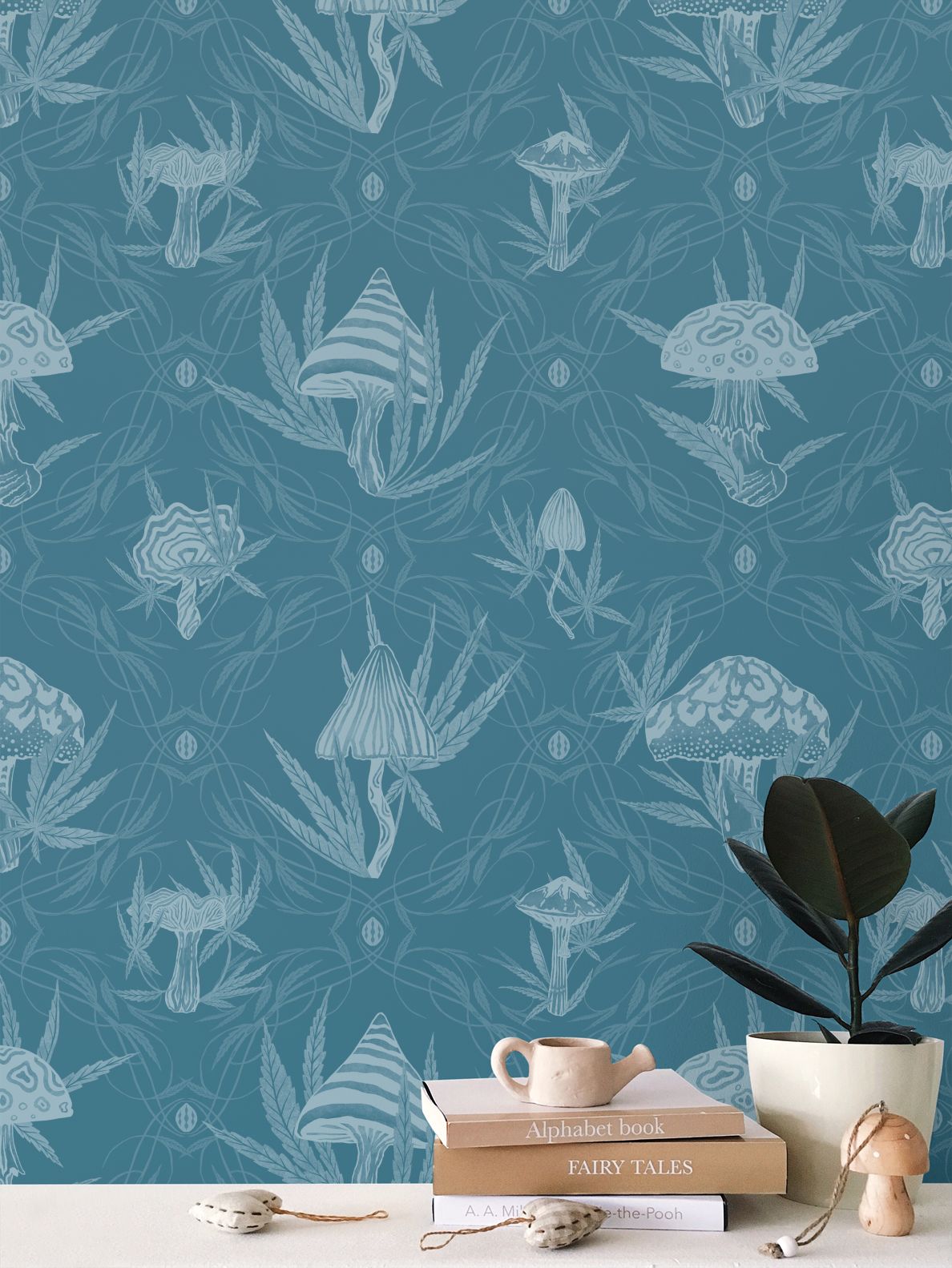 IVI LIFE - Mushroom + Cannabis Leaf Wallpaper Blue Green