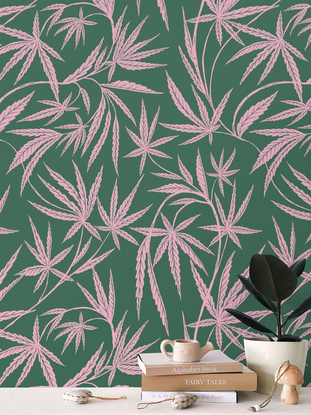 Cannabis IVI Pink on Green - Large Wallpaper Print