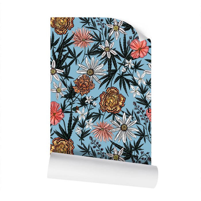 IVI - Cannabis All Over Floral - Blue Background