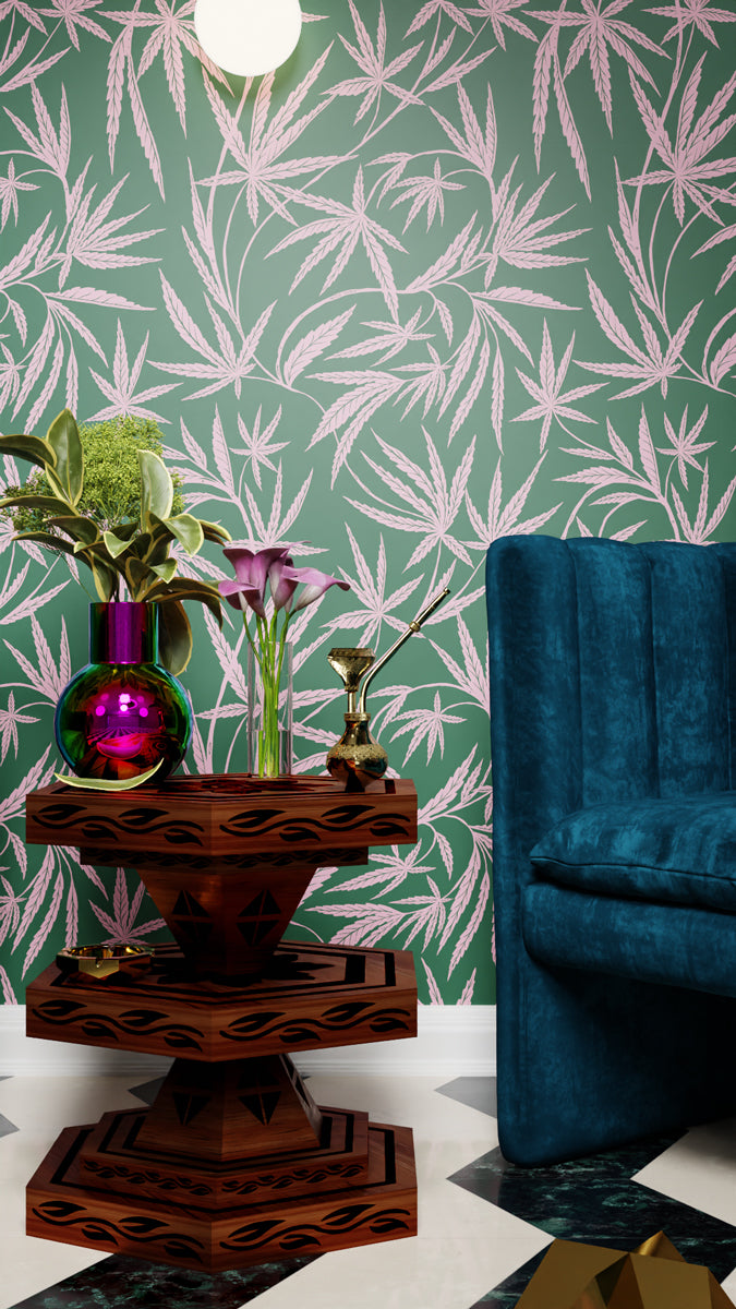 Cannabis IVI Pink on Green - Large Wallpaper Print