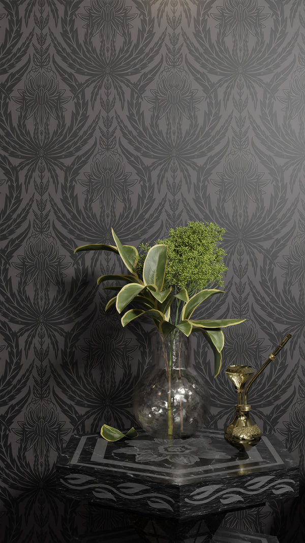 IVI - Cannabis Damask Circle of Life Black Over Dark Grey