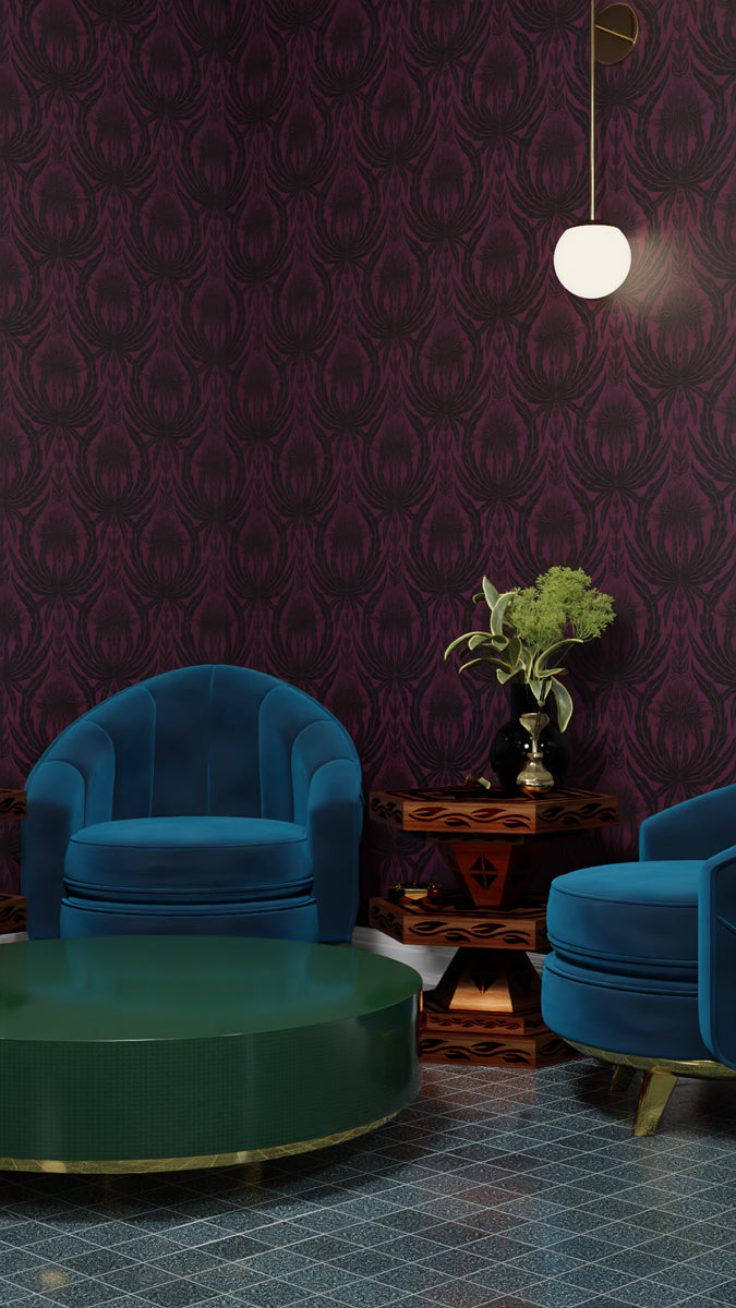 IVI - Cannabis Damask Circle of Life Black Over Dark Red Purple