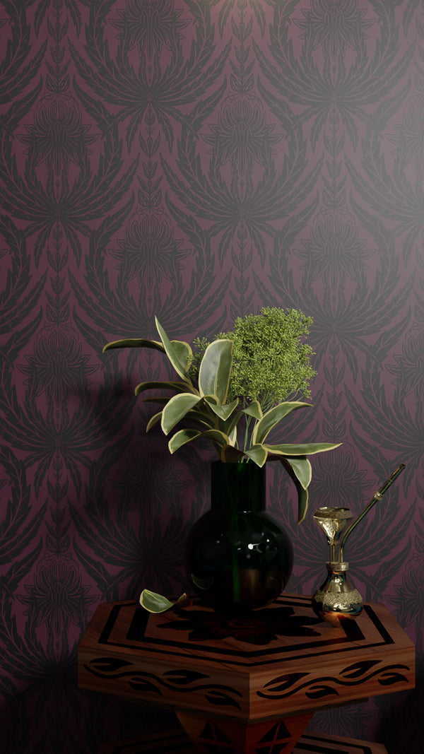 IVI - Cannabis Damask Circle of Life Black Over Dark Red Purple