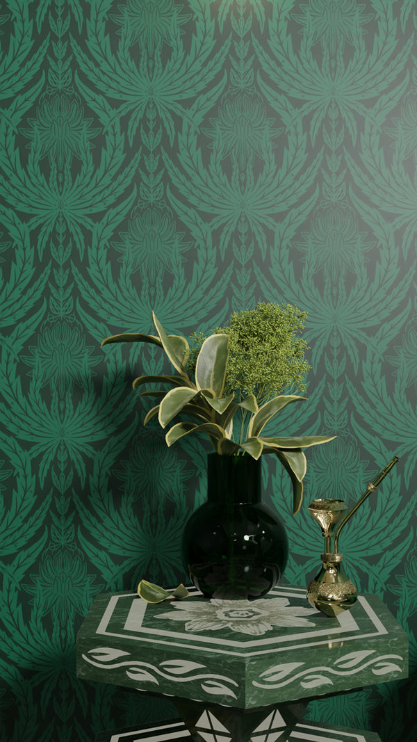 IVI - Cannabis Damask Circle of Life Light Green Over Dark Green