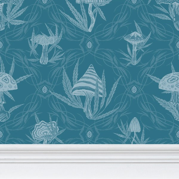 IVI LIFE - Mushroom + Cannabis Leaf Wallpaper Blue Green