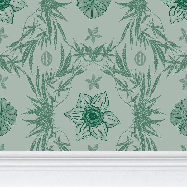 IVI Poppy Daisies & Cannabis Leaves Green
