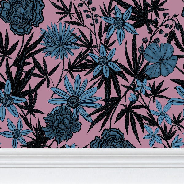 IVI - Cannabis All Over Floral Pattern - Blue Floral Over Pink