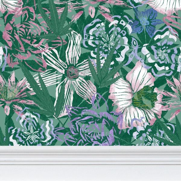 Cannabis All Over Floral - Large Wallpaper Print