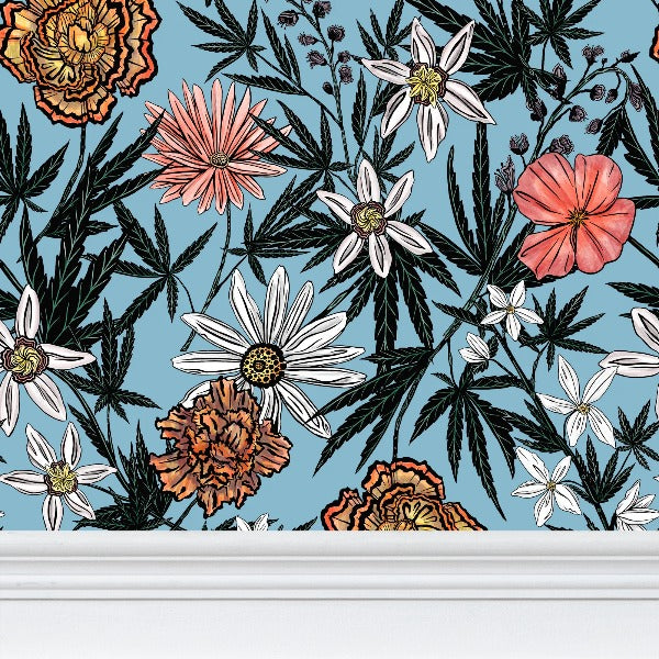 IVI - Cannabis All Over Floral - Blue Background