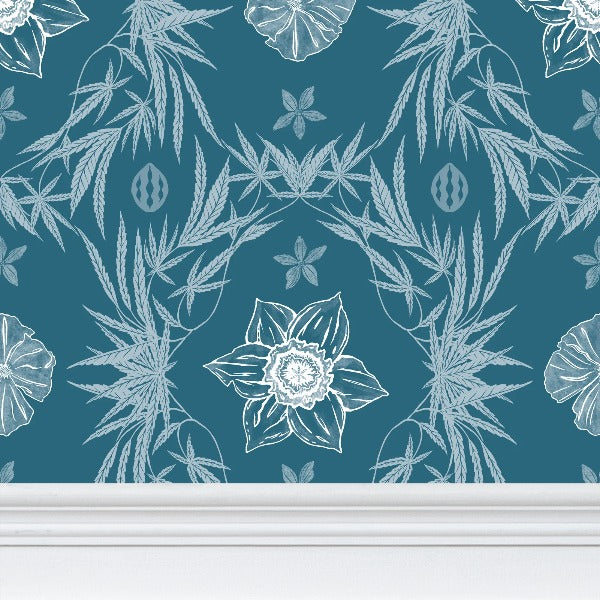 IVI Poppy Daisies & Cannabis Leaves Blue Green White