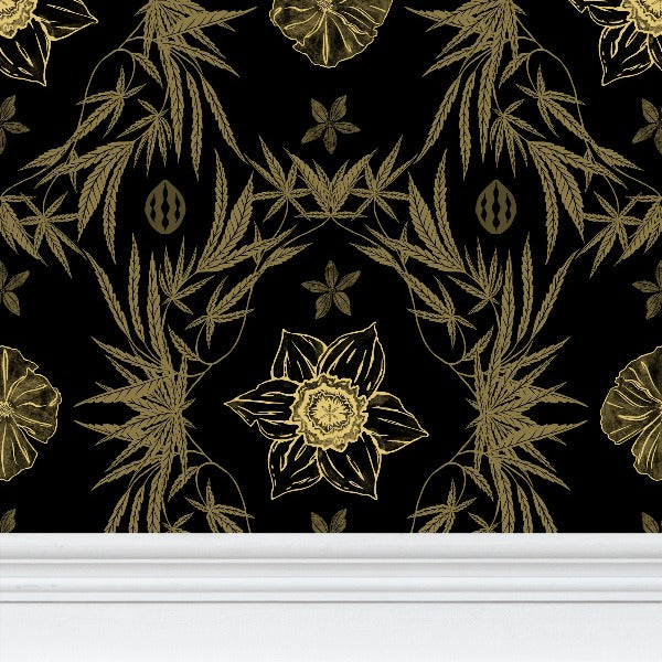 IVI Poppy Daisies & Cannabis Leaves Black Gold