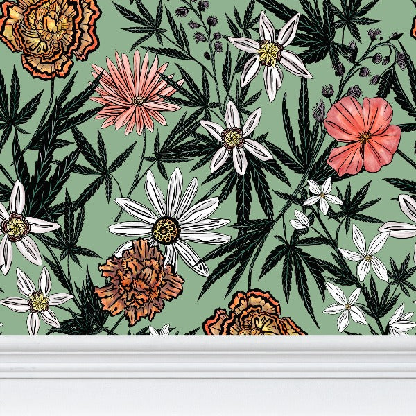 IVI - Cannabis All Over Floral - Green Background